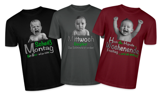 Kollektion humorvoller T-Shirts mit Wochenmottos: Designs für Montag, Mittwoch und Freitag mit witzigen Baby-Motiven, perfekt für Alltag und Freizeit – ein Statement für jede Stimmung. Fragen schwarz, grau und rot.