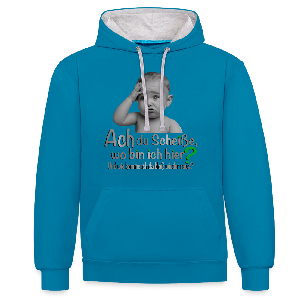 Wo bin ich hier 2 Color Hoodie - Pfauenblau/Grau meliert
