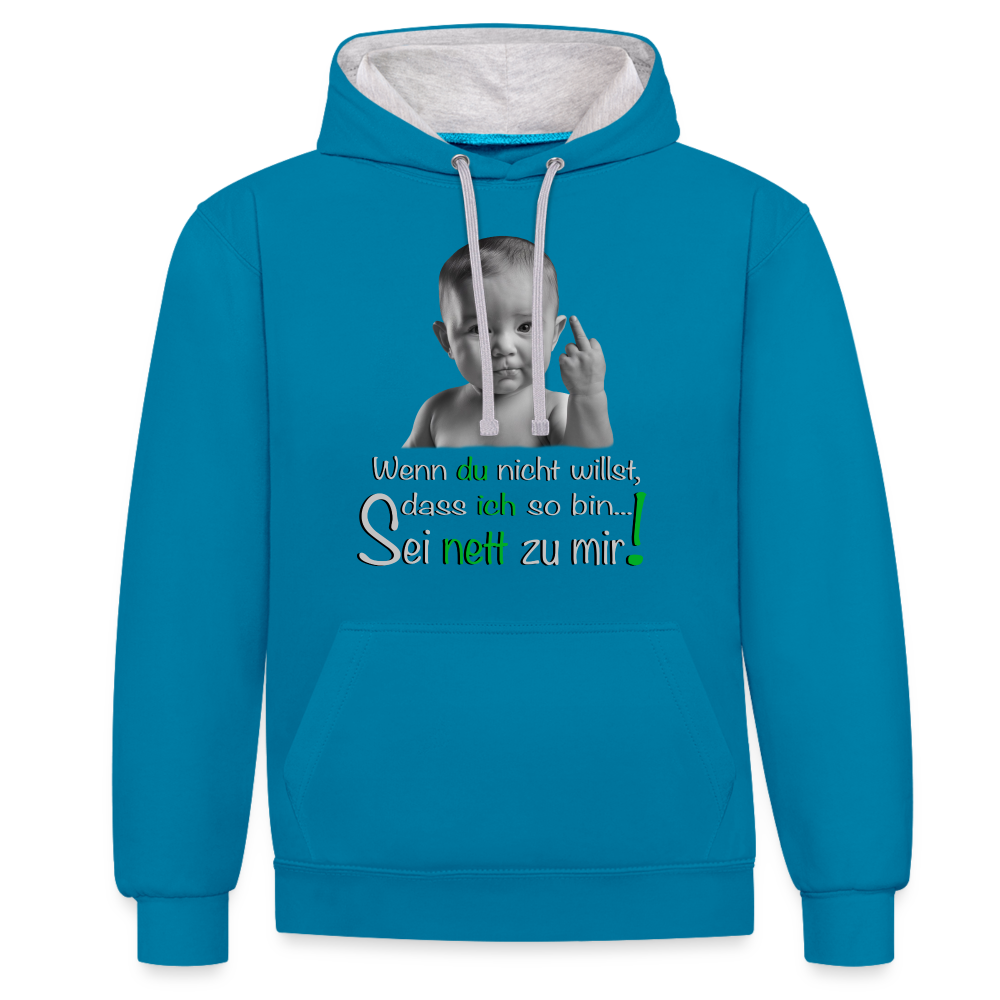 Frecher ,,Sei nett zu mir'' Premium Hoodie - Pfauenblau/Grau meliert