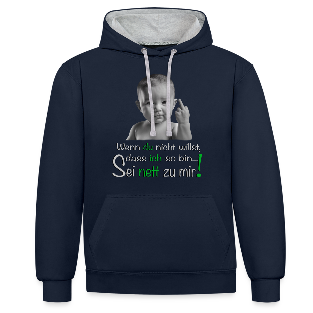 Frecher ,,Sei nett zu mir'' Premium Hoodie - Navy/Grau meliert