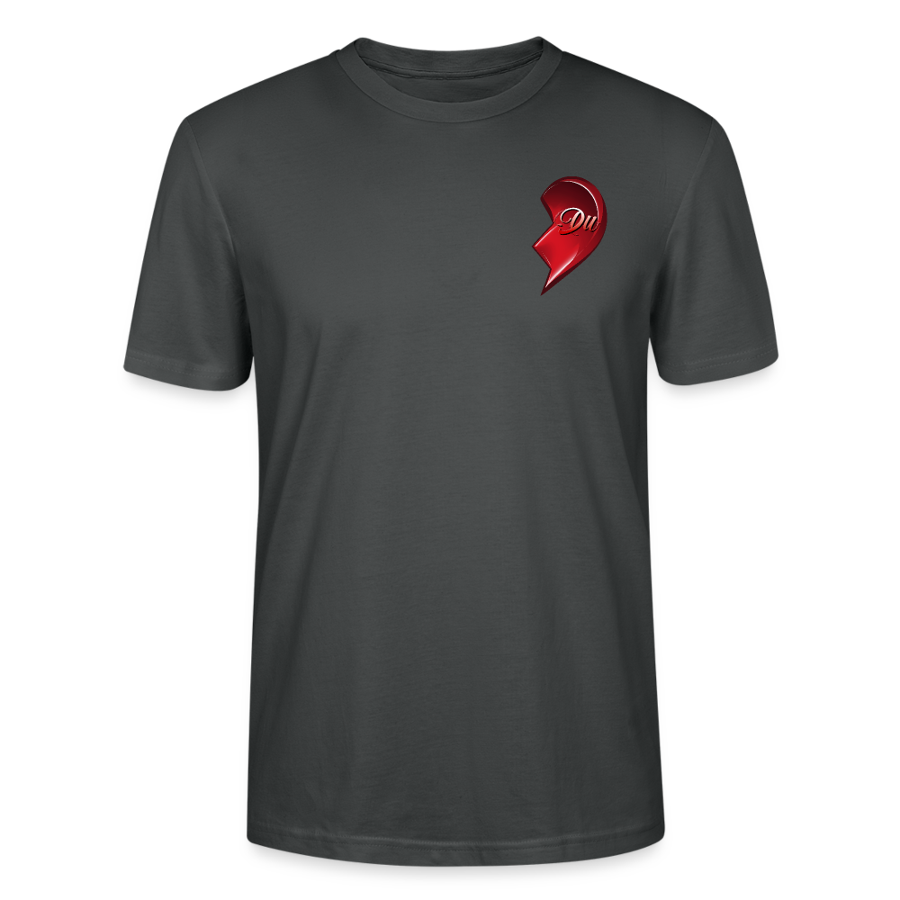Anthrazit farbenes T-Shirt mit rechter Hälfte eines roten Herzmotivs und dem Schriftzug 'Du' auf der rechten Brustseite, designed als Teil eines Partner-T-Shirt-Sets, perfekt für Paare zum Valentinstag – Streetwear-Look mit emotionaler Botschaft.