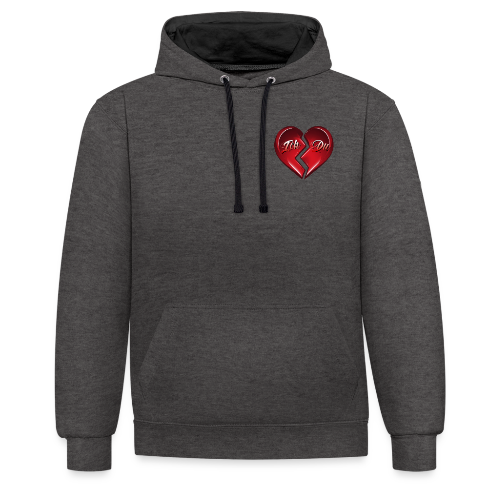 Anthrazit/Schwarz 2-Farben Streetwear Hoodie mit Kapuze und Kordeln in der gleichen Farbe. Herz-Motiv auf der linken Brust – Perfektes Valentinstag Geschenk für Männer und Frauen.