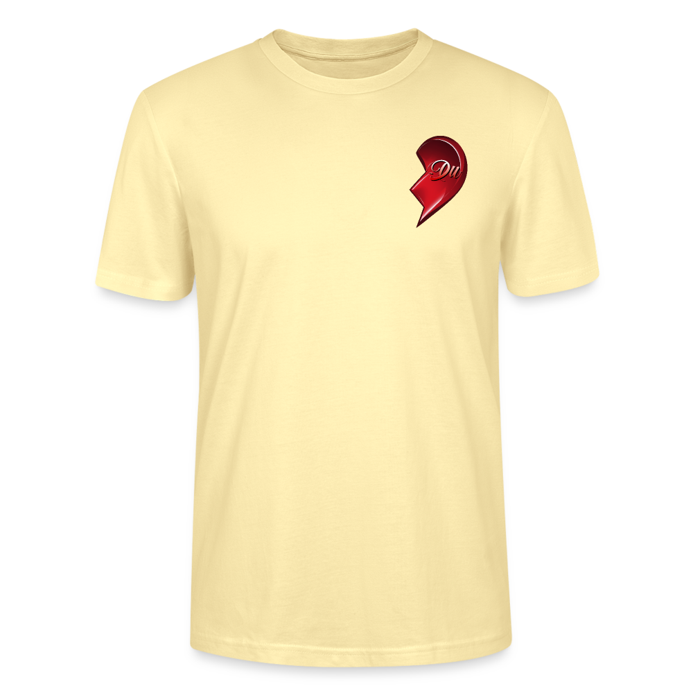 Creme farbendes T-Shirt mit rechter Hälfte eines roten Herzmotivs und dem Schriftzug 'Du' auf der rechten Brustseite, designed als Teil eines Partner-T-Shirt-Sets, perfekt für Paare zum Valentinstag – Streetwear-Look mit emotionaler Botschaft.