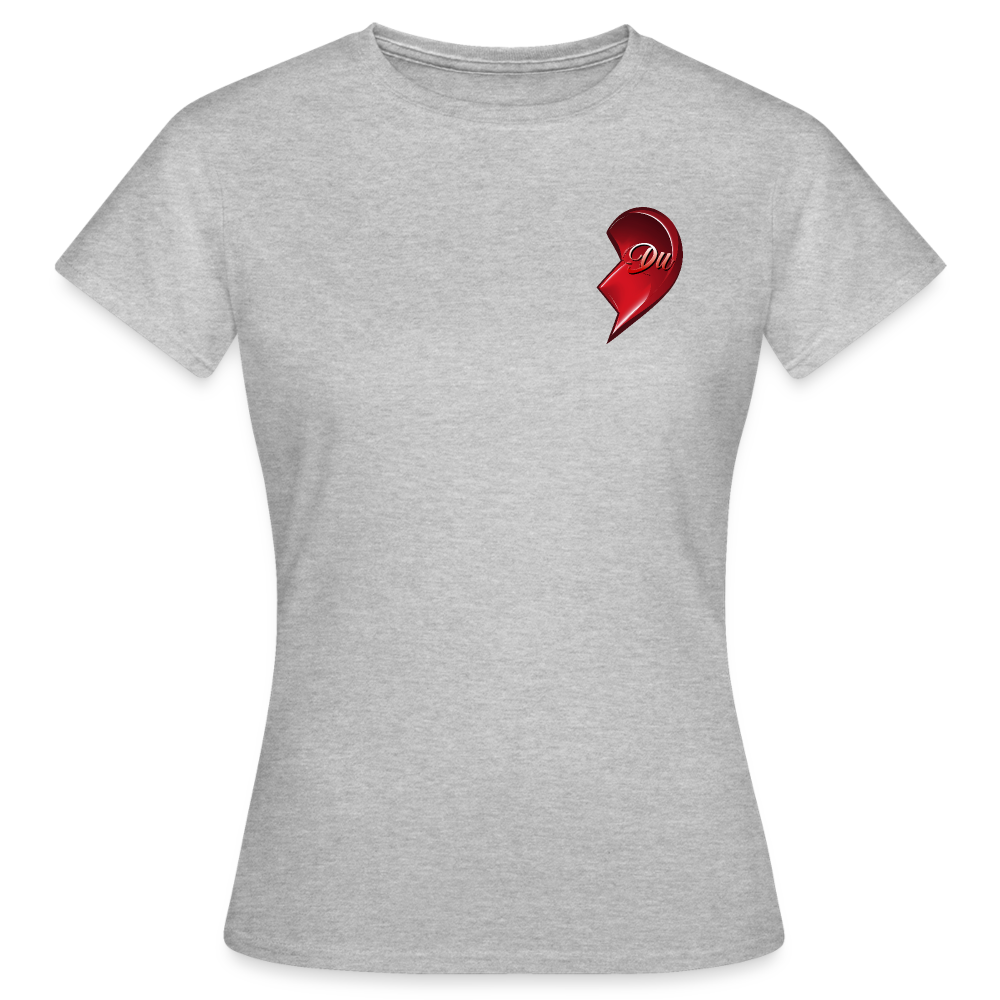 Graues T Shirt für Frauen mit halbem roten Herzdesign und der Aufschrift „Du“ – ideal für den Valentinstag