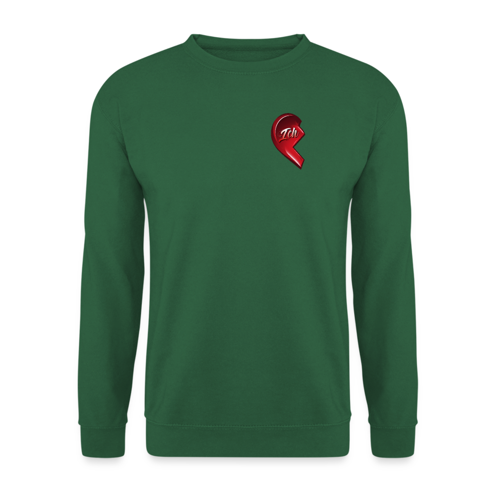 Grüner Pullover mit halbem Herz-Design auf linker Brustseite. Design ist ein Partnerlook. – Geschenkidee zum Valentinstag für Mann und Frau. Klassischer Schnitt.