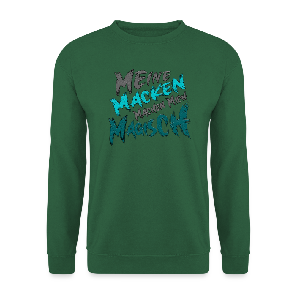 GrĂŒner Streetwear Pullover fĂŒr Frauen und MĂ€nner mit humorvollem Statement âMeine Macken machen mich magischâ. Modernes Streetwear-Design, ideal fĂŒr Freizeit und Alltag.