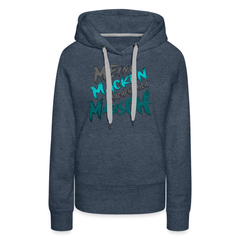 Jeansblauer Streetwear Hoodie für Frauen mit Statement ‚Meine Macken machen mich magisch‘, modernes Design mit weißer und schwarzer Schrift, kontrastfarbene Kapuzenbänder, Kängurutasche, ideal für lässigen Look, lustige Sprüche.