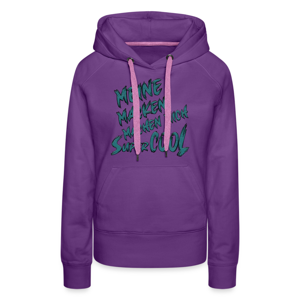 Lilaner Streetwear Hoodie für Frauen mit dem Spruch auf den Brust „Meine Macken machen mich super cool“. Stilvolle Typografie, lustige Sprüche, mit kontrastfarbigen Kapuzenband und praktischer Kängurutasche. Perfekt für Alltag und Freizeit.