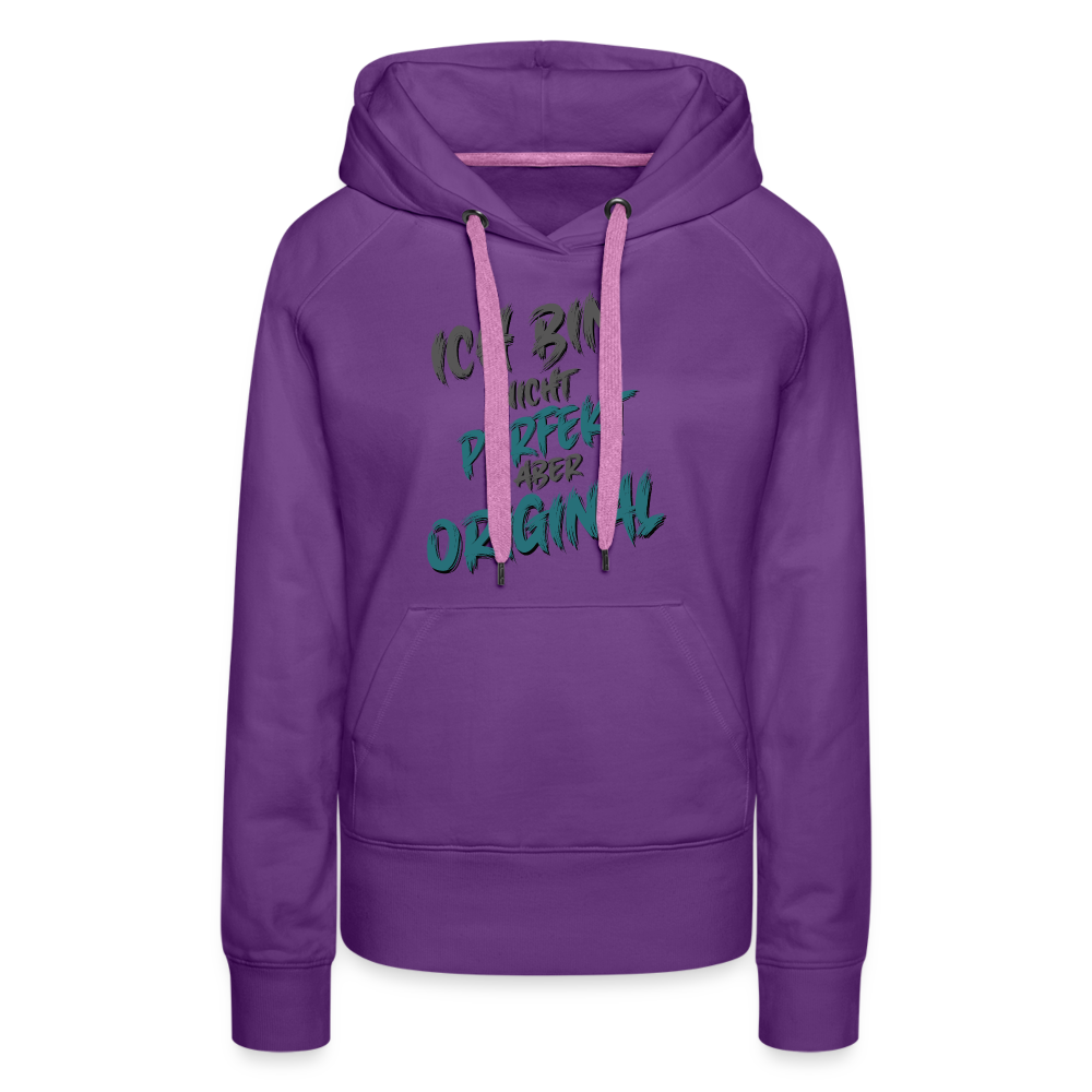 Lilaner Streetwear Frauen Hoodie mit Spruch auf der Brust „Ich bin nicht perfekt aber original“. Einzigartige Typografie, sehr lustige Sprüche, mit farbiges Kapuzenband und praktischer Kängurutasche. Perfekt für Freizeit & Alltag.