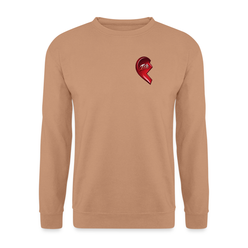 Mocca farbener Pullover mit halbem Herz-Design auf linker Brustseite. Design ist ein Partnerlook. – Geschenkidee zum Valentinstag für Mann und Frau. Klassischer Schnitt.