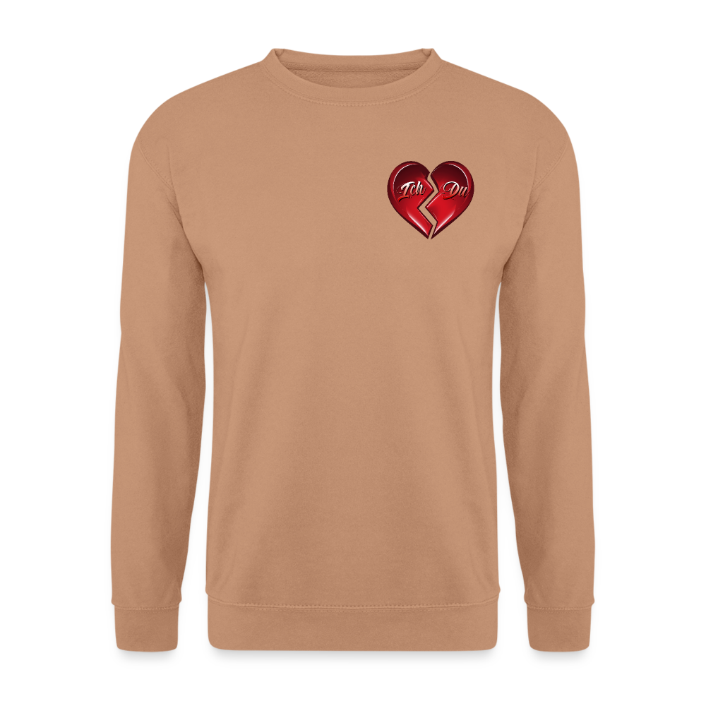 Mocca farbener Pullover für Valentinstag – Streetwear für Damen und Herren, das perfekte Geschenk mit einem geteilten Herz-Design.