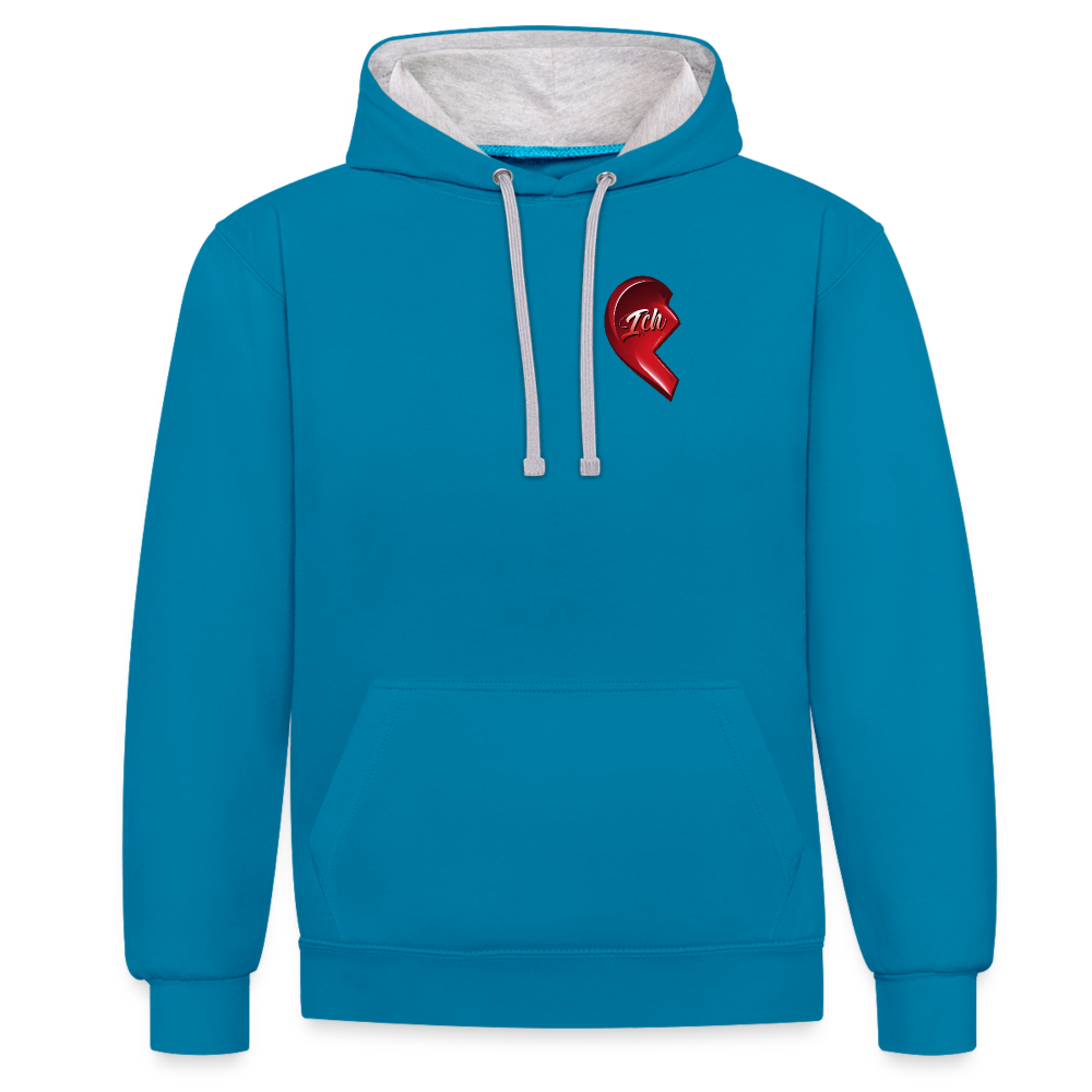 Pfauenblau/Grau meliert Streetwear Hoodie im 2-Farben-Design mit farbiger Kapuze und Kordeln. Herz-Motiv auf der linken Brust – Ideal als Valentinstag Geschenk für Freund und Freundin.