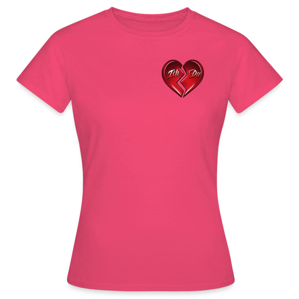 Pinkes T Shirt für Frauen mit figurbetontem Schnitt, komplettem Herzdesign und der Aufschrift „Ich & Du“ – perfekt für den Valentinstag