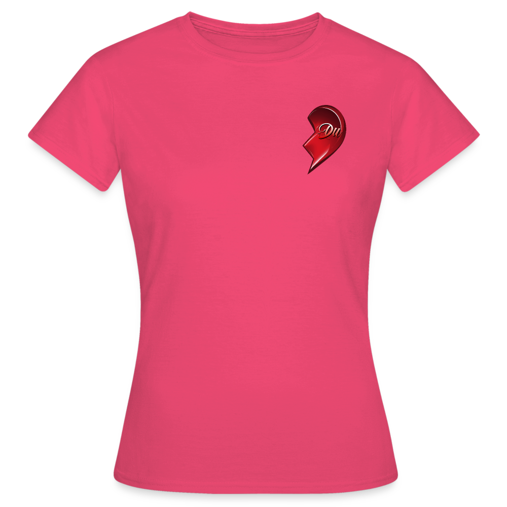 Rosafarbenes T Shirt für Frauen mit halbem roten Herzdesign und der Aufschrift „Du“ – ideal für den Valentinstag