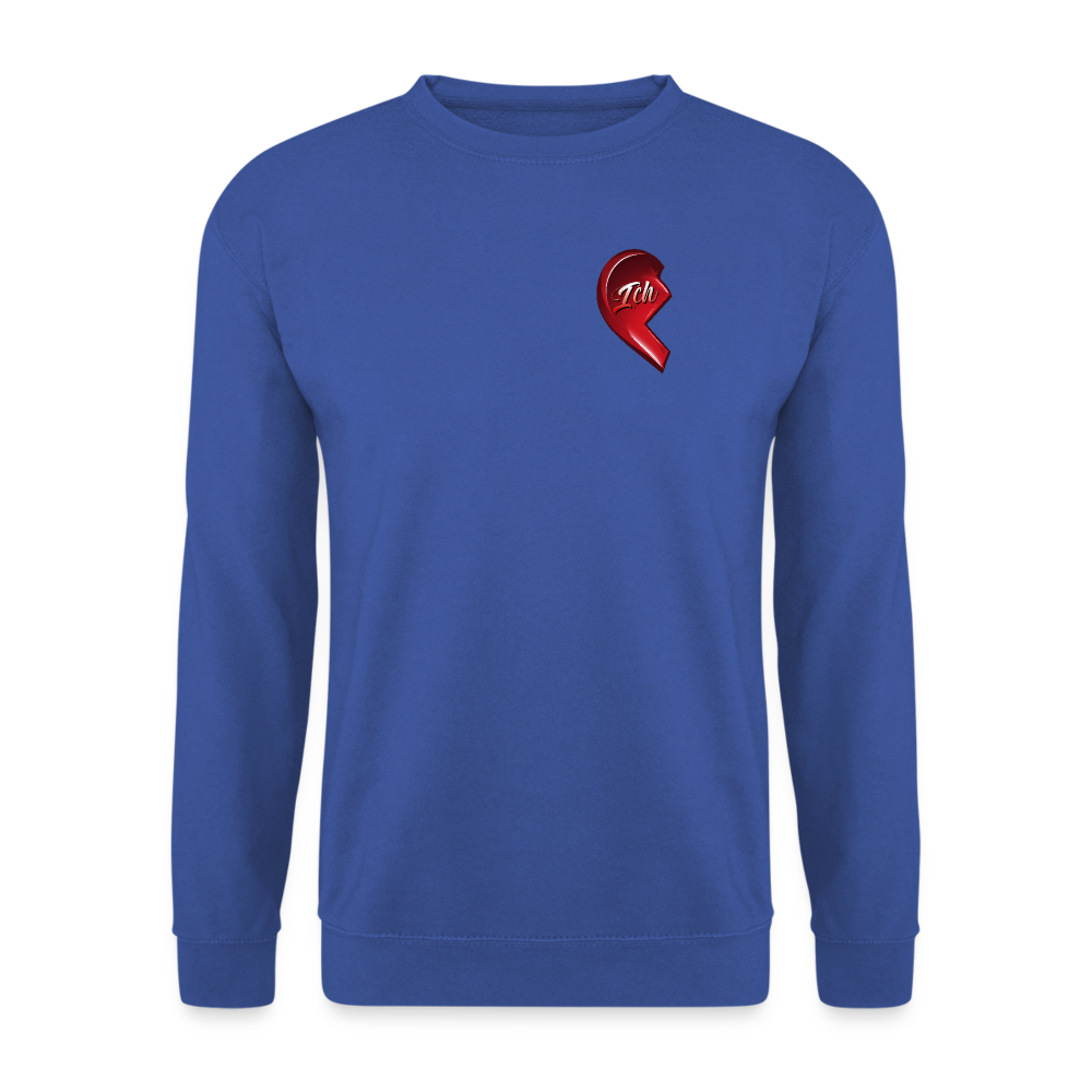 Royalblauer Pullover mit halbem Herz-Design auf linker Brustseite. Design ist ein Partnerlook. – Geschenkidee zum Valentinstag für Mann und Frau. Klassischer Schnitt.