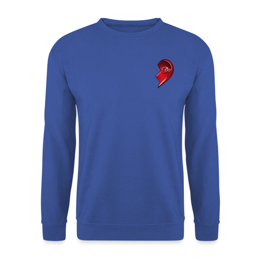 Royalblauer Streetwear Pullover mit Herz-Hälfte auf der linken Brust. Partnerlook-Design – Perfekte Geschenkidee für Maenner und Frauen zum Valentinstag.