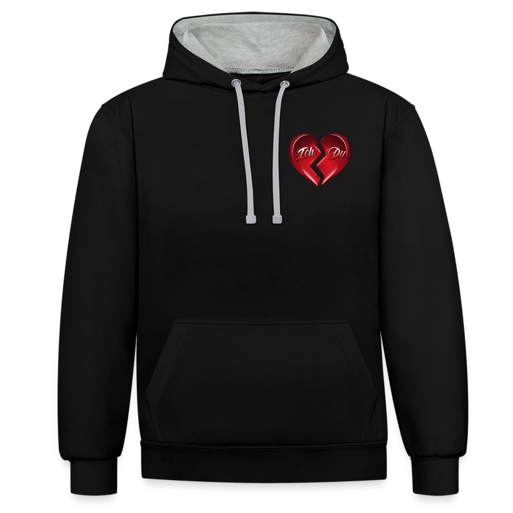 Schwarz/Grau meliert 2-Farben Streetwear Hoodie mit Kapuze und Kordeln in der gleichen Farbe. Herz-Motiv auf der linken Brust – Perfektes Valentinstag Geschenk für Männer und Frauen.