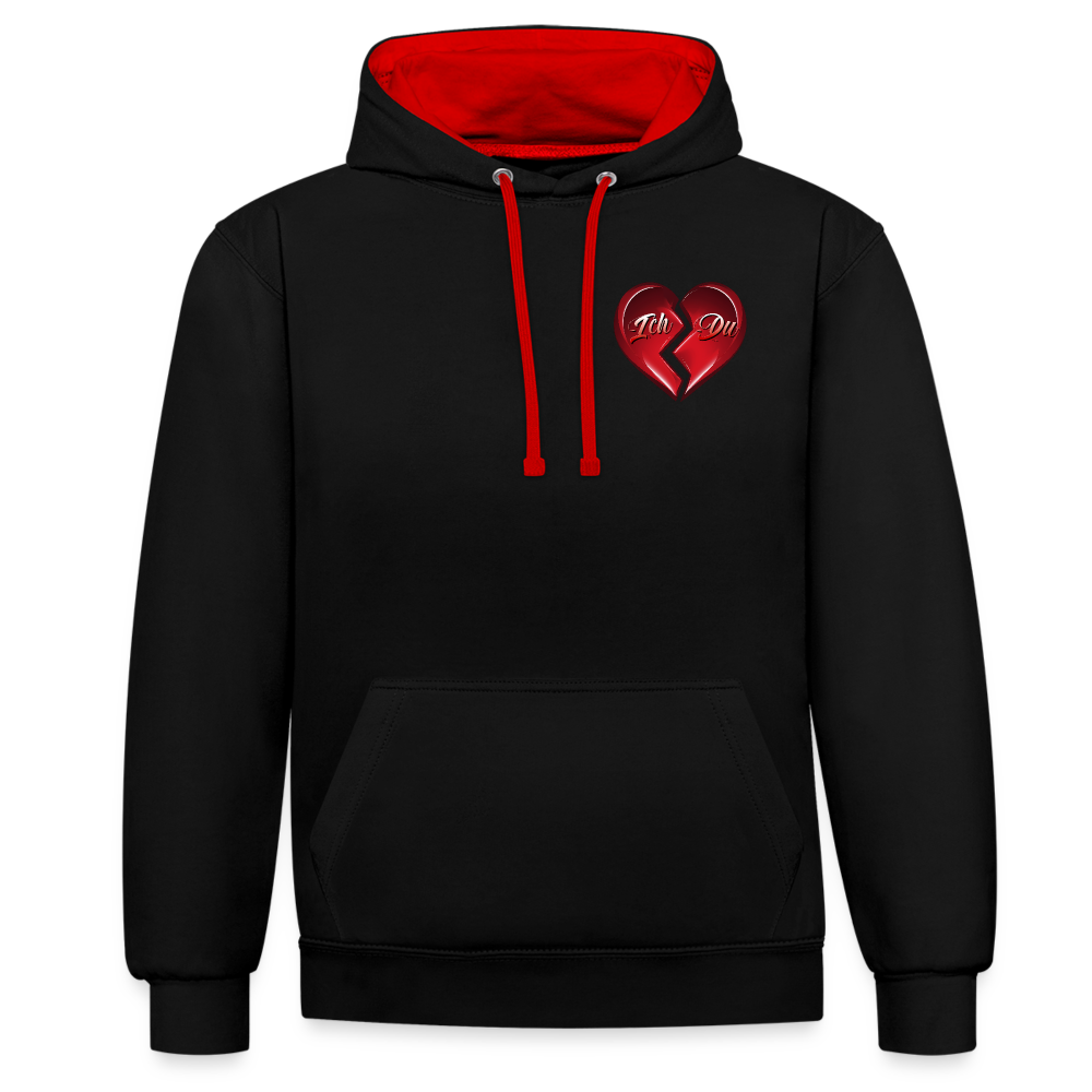 Schwarz/Rot 2-Farben Streetwear Hoodie mit Kapuze und Kordeln in der gleichen Farbe. Herz-Motiv auf der linken Brust – Perfektes Valentinstag Geschenk für Männer und Frauen.
