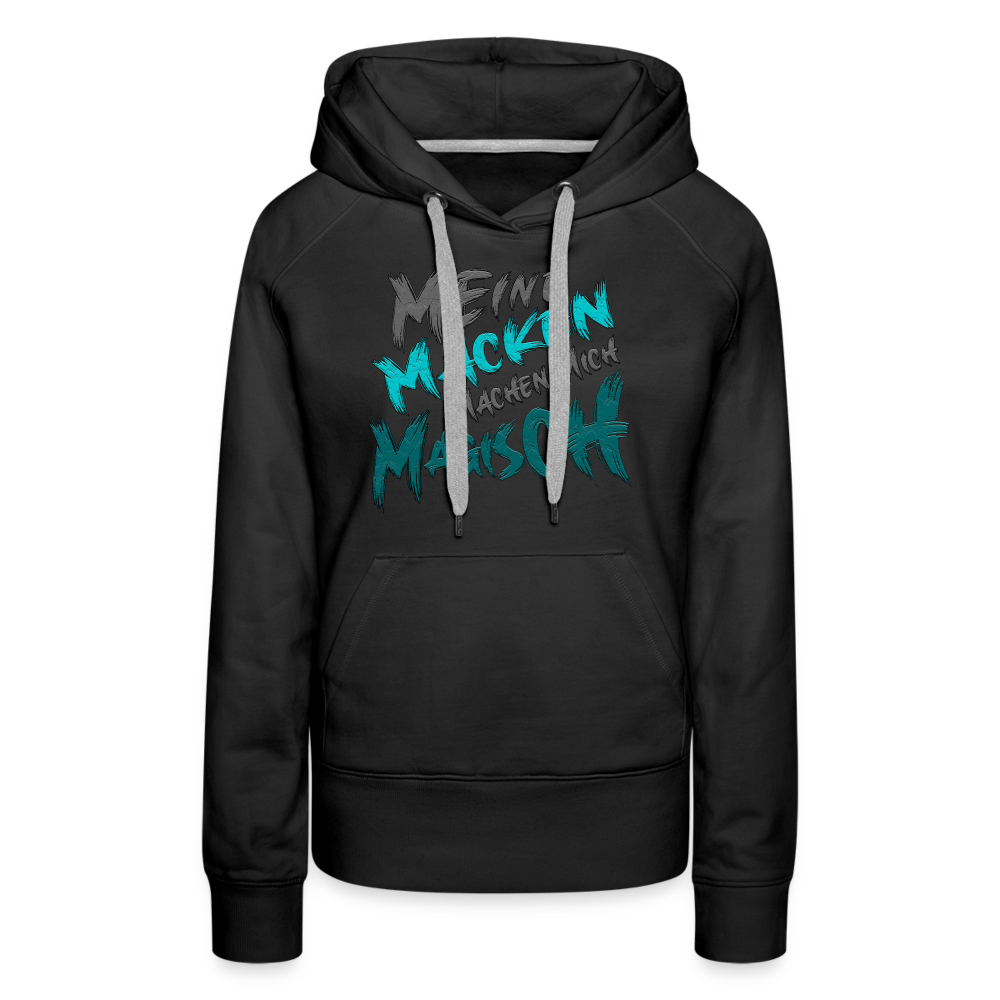 Schwarzer Streetwear Hoodie für Frauen mit Statement ‚Meine Macken machen mich magisch‘, modernes Design mit weißer und schwarzer Schrift, kontrastfarbene Kapuzenbänder, Kängurutasche, ideal für lässigen Look, lustige Sprüche.