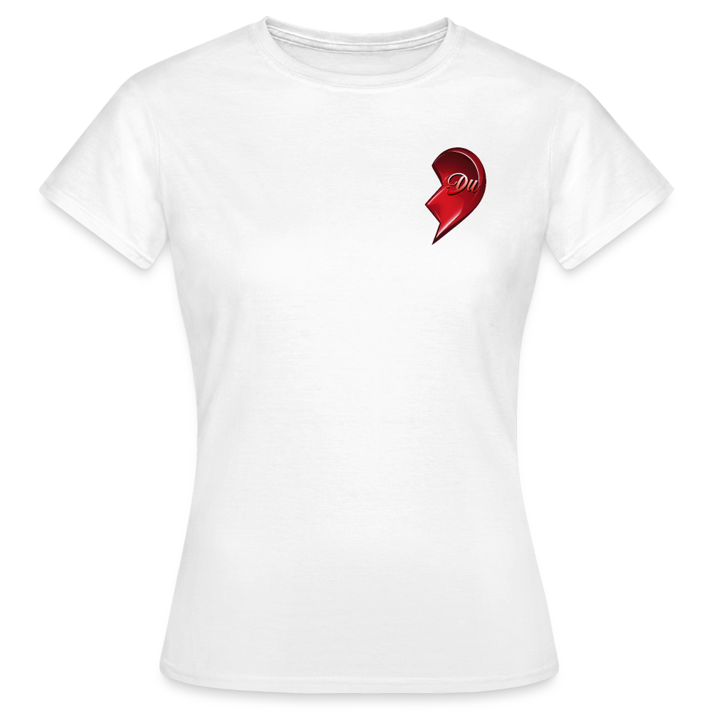 Weißes T Shirt für Frauen mit halbem roten Herzdesign und der Aufschrift „Du“ – ideal für den Valentinstag