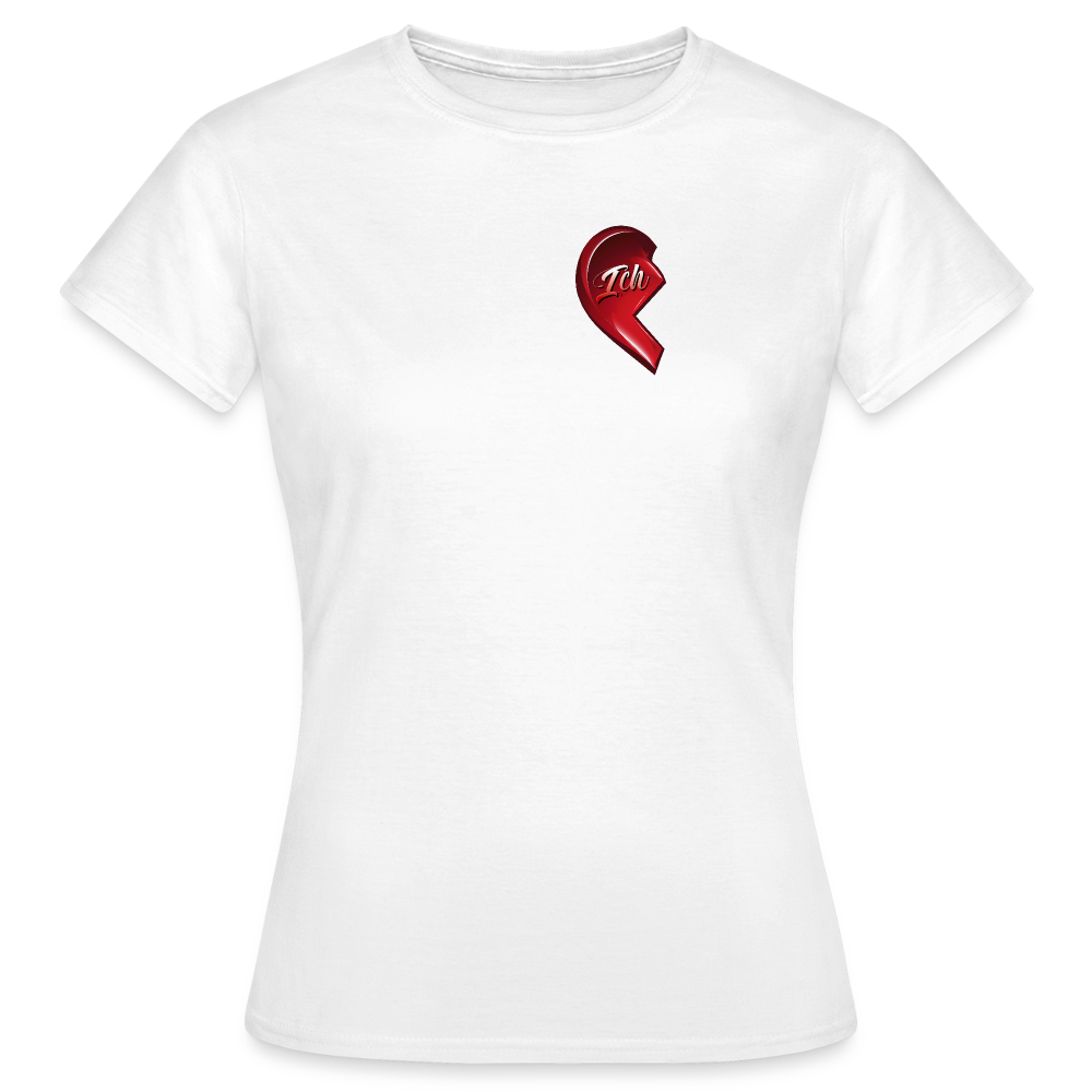 Weißes T Shirt mit halbem roten Herzmotiv und der Aufschrift „Ich“ – perfekt für Frauen zum Valentinstag und im Partnerlook