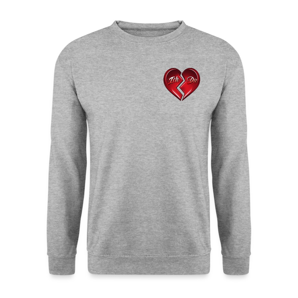 Weißgrau melierter Pullover für Valentinstag – Streetwear für Damen und Herren, das perfekte Geschenk mit einem geteilten Herz-Design.
