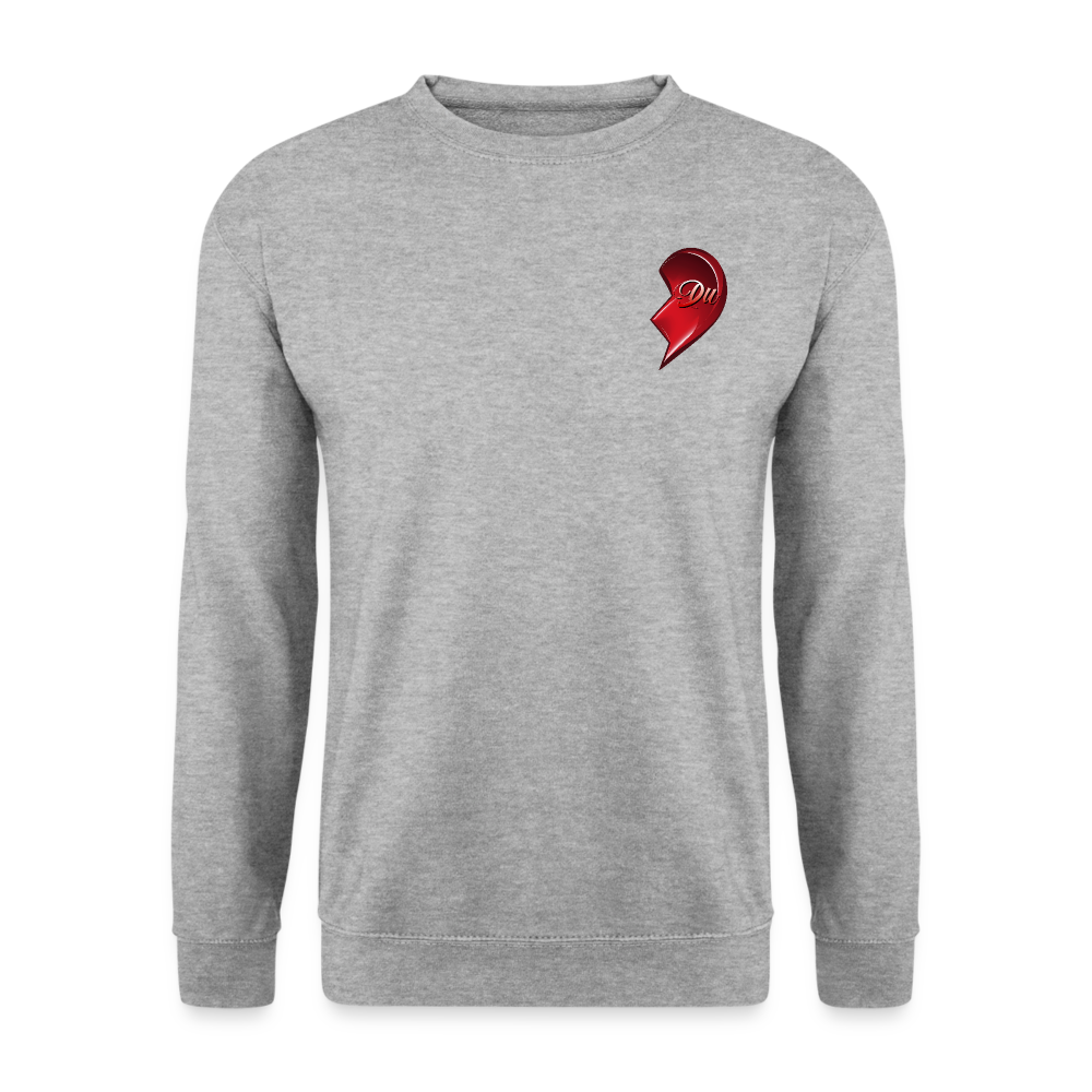 Weißgrau melierter Streetwear Pullover mit Herz-Hälfte auf der linken Brust. Partnerlook-Design – Perfekte Geschenkidee für Maenner und Frauen zum Valentinstag.