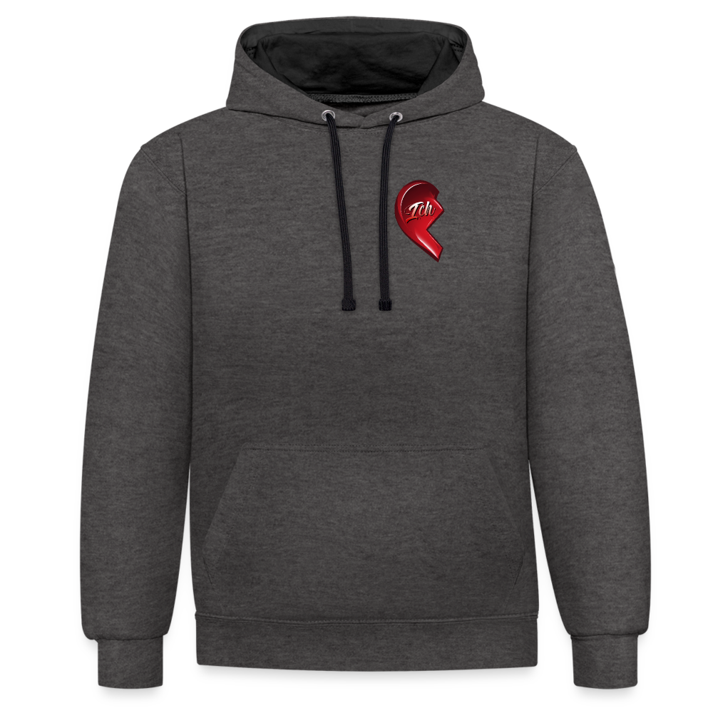 Anthrazit/Schwarz Streetwear Hoodie im 2-Farben-Design mit farbiger Kapuze und Kordeln. Herz-Motiv auf der linken Brust – Ideal als Valentinstag Geschenk für Freund und Freundin.
