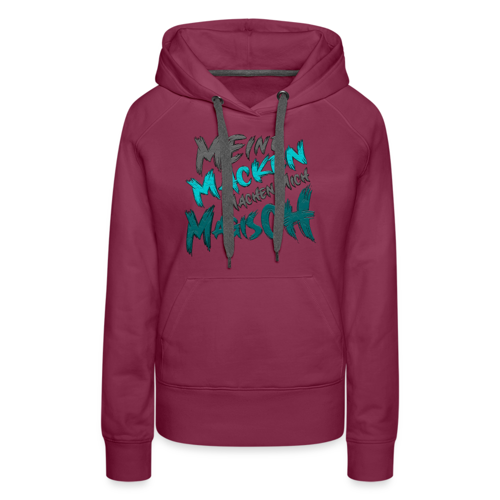 Bordeaux Streetwear Hoodie für Frauen mit Statement ‚Meine Macken machen mich magisch‘, modernes Design mit weißer und schwarzer Schrift, kontrastfarbene Kapuzenbänder, Kängurutasche, ideal für lässigen Look, lustige Sprüche.