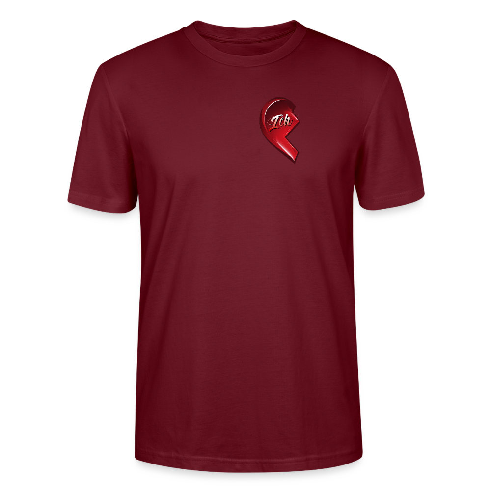 Burgunderrotes T-Shirt mit halbem roten Herzmotiv und dem Schriftzug 'Ich' auf der linken Brustseite, Teil eines Partner-T-Shirt-Sets, bei dem die rechte Herzhälfte auf dem passenden T-Shirt ergänzt wird. Ideal als Geschenkidee für Paare zum Valentinstag.