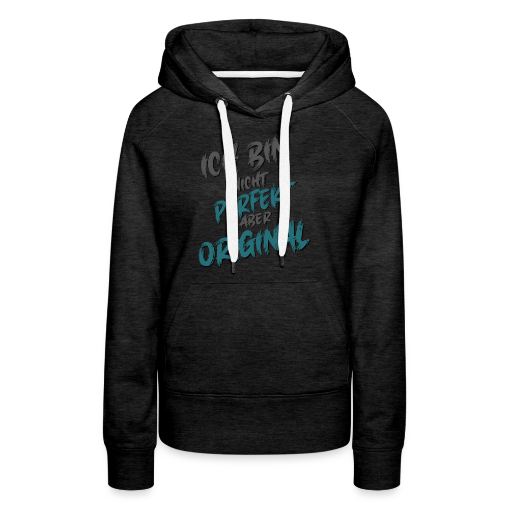 Anthrazit farbener Streetwear Frauen Hoodie mit Spruch auf der Brust „Ich bin nicht perfekt aber original“. Einzigartige Typografie, sehr lustige Sprüche, mit farbiges Kapuzenband und praktischer Kängurutasche. Perfekt für Freizeit & Alltag.