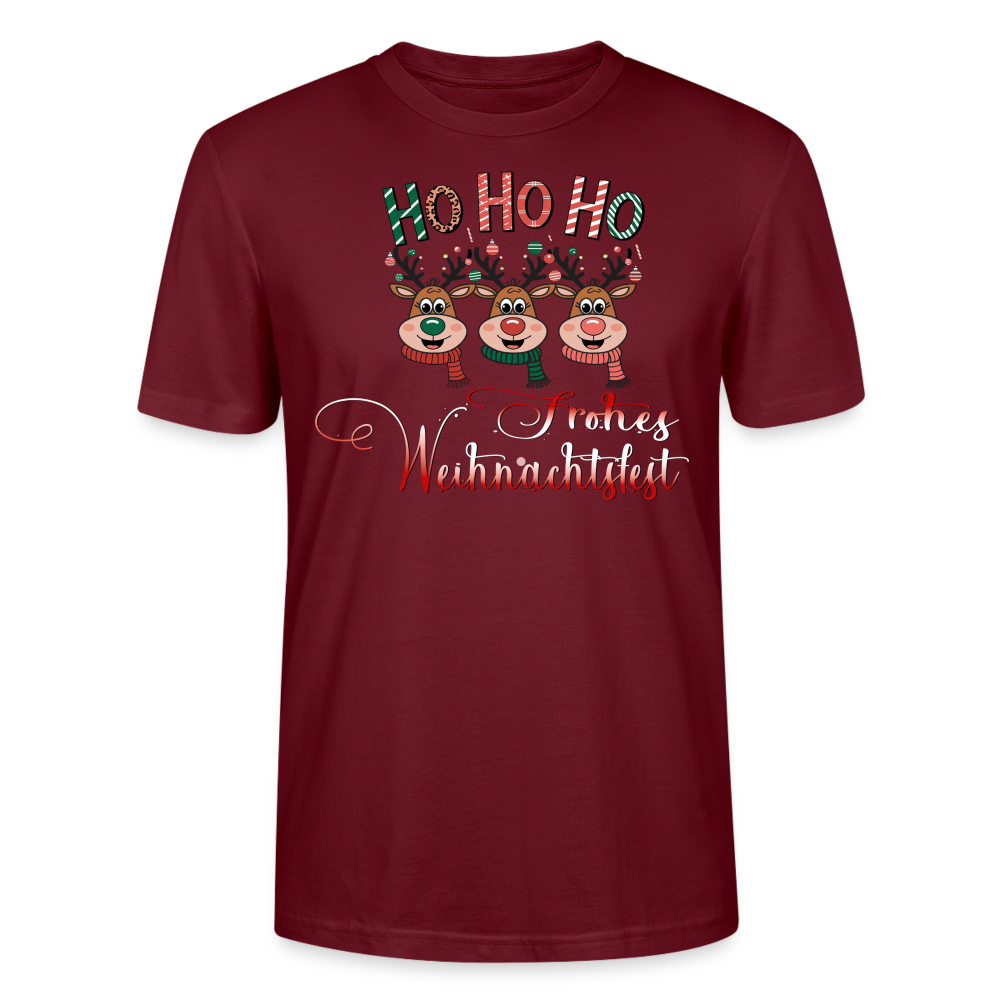 Frohes Weihnachtsfest T-Shirt für Männer in burgunderrot mit Ho Ho Ho Motiv und 3 fröhlichen Elchen mit bunten Schals aus Bio Baumwolle von StreetwearX.