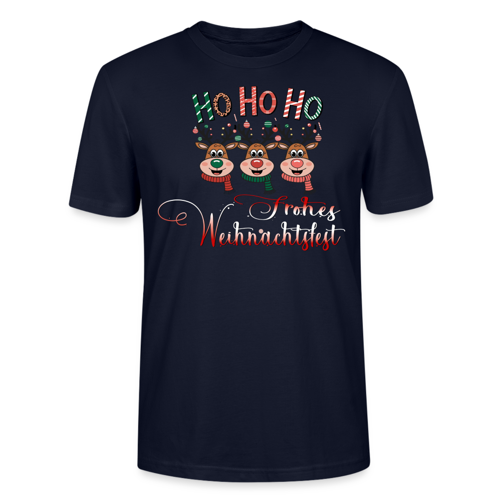 Frohes Weihnachtsfest T-Shirt für Männer in Navy mit Ho Ho Ho Motiv und 3 fröhlichen Elchen mit bunten Schals aus Bio Baumwolle von StreetwearX.