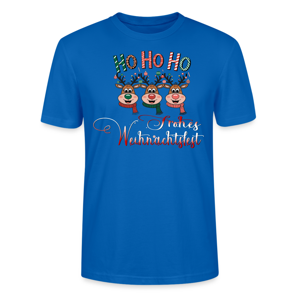 Frohes Weihnachtsfest T-Shirt für Männer in Pfauenblau mit Ho Ho Ho Motiv und 3 fröhlichen Elchen mit bunten Schals aus Bio Baumwolle von StreetwearX.