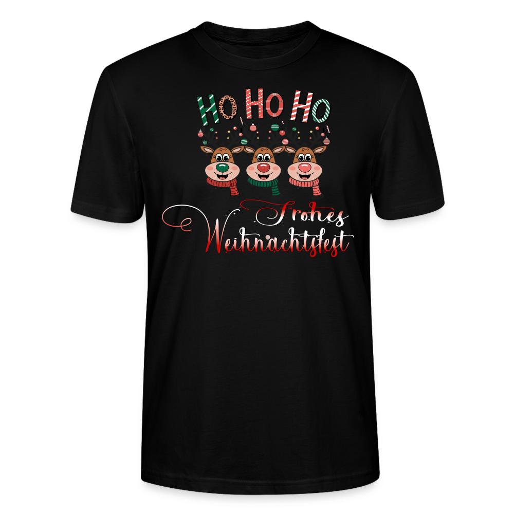 Frohes Weihnachtsfest T-Shirt für Männer in schwarz mit Ho Ho Ho Motiv und 3 fröhlichen Elchen mit bunten Schals aus Bio Baumwolle von StreetwearX.