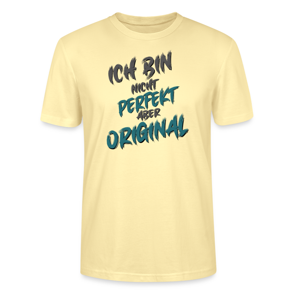 Gelbes Streetwear T-Shirt mit Sprüchen für Männer. Statement mit Humor „Ich bin nicht perfekt, aber original“ in moderner ansprechender Typografie. Cooler und lässiger Style.