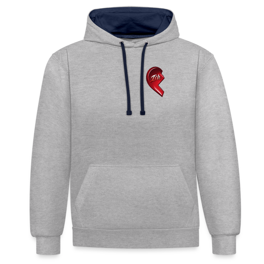Grau meliert/Navy Streetwear Hoodie im 2-Farben-Design mit farbiger Kapuze und Kordeln. Herz-Motiv auf der linken Brust – Ideal als Valentinstag Geschenk für Freund und Freundin.