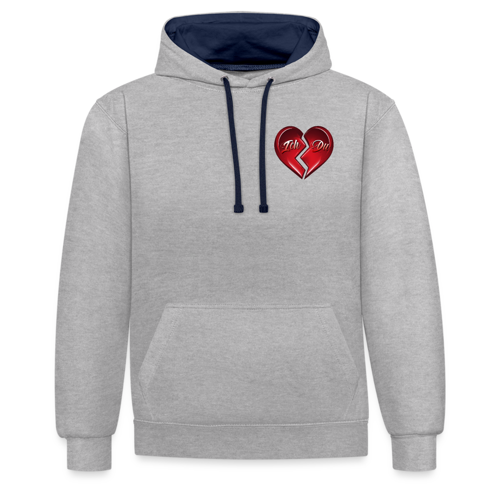 Grau meliert/Navy 2-Farben Streetwear Hoodie mit Kapuze und Kordeln in der gleichen Farbe. Herz-Motiv auf der linken Brust – Perfektes Valentinstag Geschenk für Männer und Frauen.