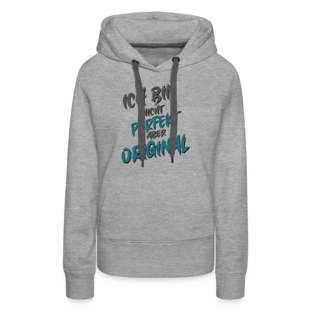 Grau melierter Streetwear Frauen Hoodie mit Spruch auf der Brust „Ich bin nicht perfekt aber original“. Einzigartige Typografie, sehr lustige Sprüche, mit farbiges Kapuzenband und praktischer Kängurutasche. Perfekt für Freizeit & Alltag.