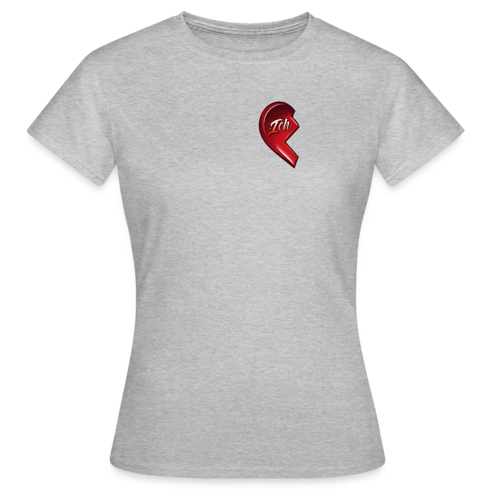 Graues T Shirt mit halbem roten Herzmotiv und der Aufschrift „Ich“ – perfekt für Frauen zum Valentinstag und im Partnerlook.