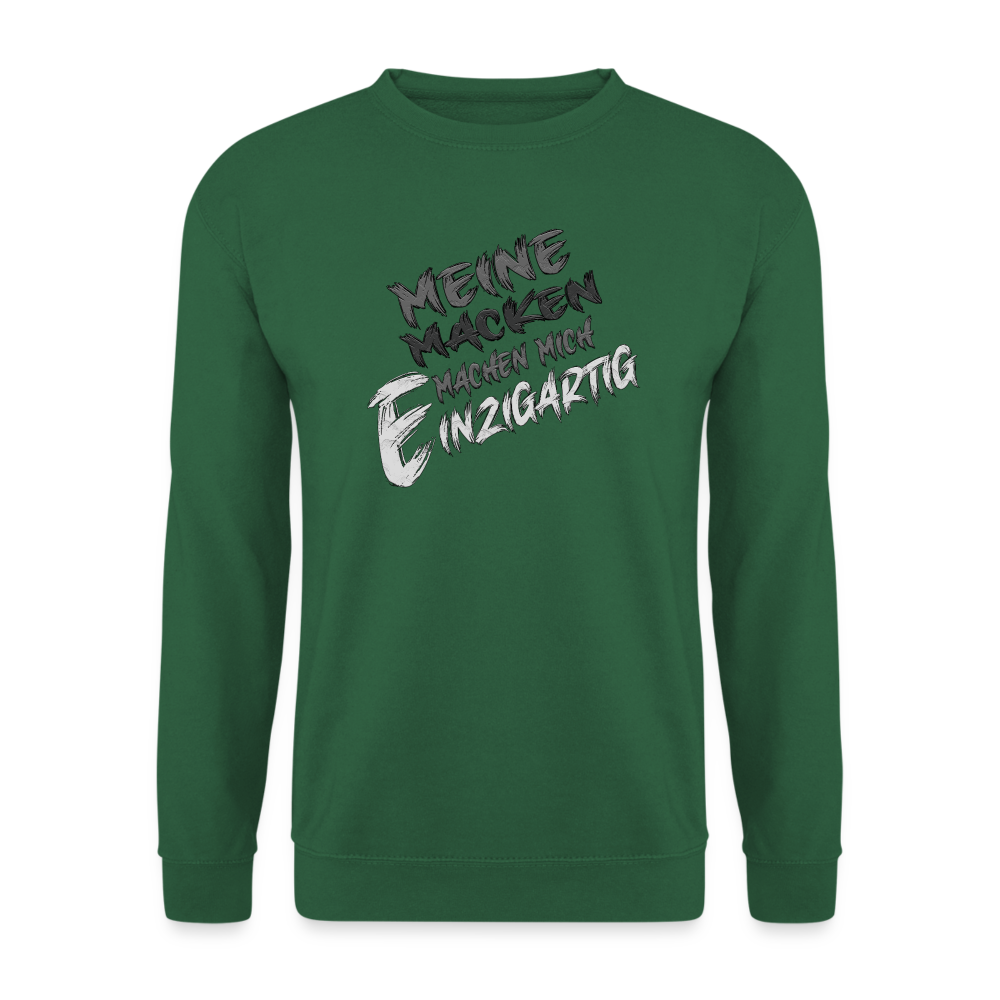 Grüner Streetwear Pullover für Frauen und Männer mit einzigartigem Statement Spruch auf der Brust „Meine Macken machen mich magisch“. Ideal für Freizeit und Alltag . Modisches Design. Klassischer Schnitt und Humor.