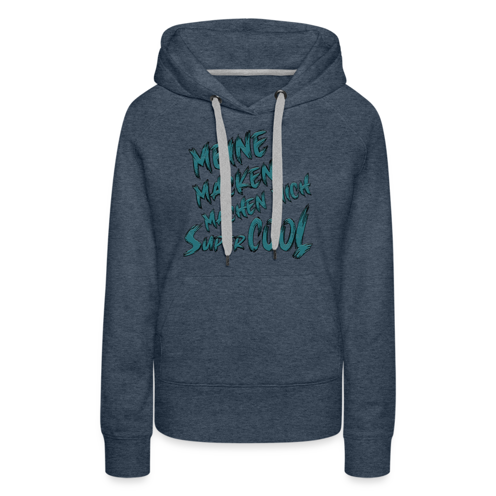 Jeansblauer Streetwear Hoodie für Frauen mit dem Spruch auf den Brust „Meine Macken machen mich super cool“. Stilvolle Typografie, lustige Sprüche, mit kontrastfarbigen Kapuzenband und praktischer Kängurutasche. Perfekt für Alltag und Freizeit.