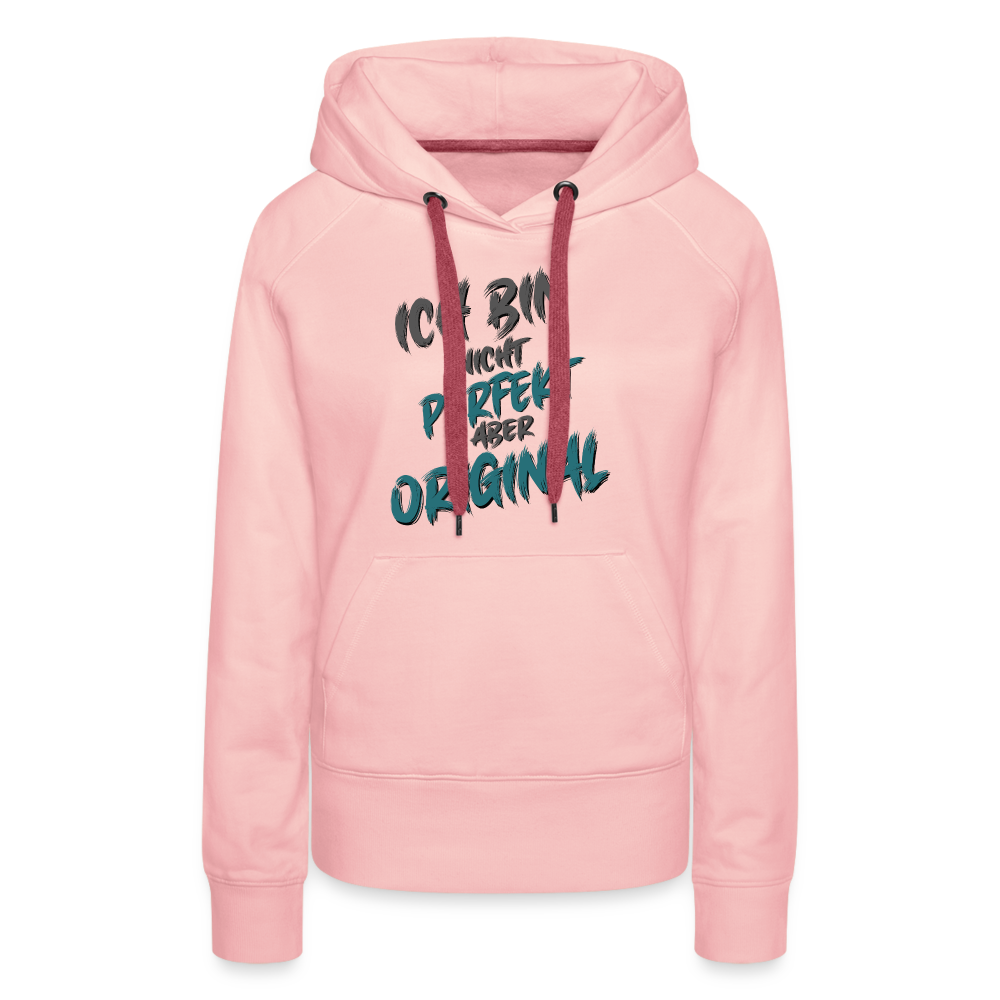 Kristallrosaner Streetwear Frauen Hoodie mit Spruch auf der Brust „Ich bin nicht perfekt aber original“. Einzigartige Typografie, sehr lustige Sprüche, mit farbiges Kapuzenband und praktischer Kängurutasche. Perfekt für Freizeit & Alltag.