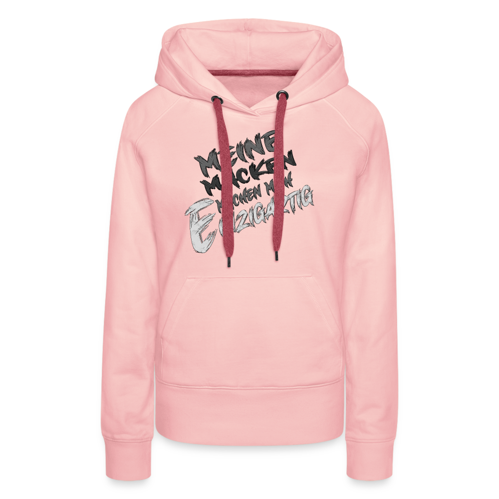 Kristallrosa Streetwear Hoodie für Frauen mit dem humorvollen Statement „Meine Macken machen mich einzigartig“. Modernes Design mit weißer und schwarzer Schrift in kreativer Typografie auf der Vorderseite, kontrastfarbene Kapuzenbänder und praktische Kängurutasche. Perfekt für einen lässigen Look.