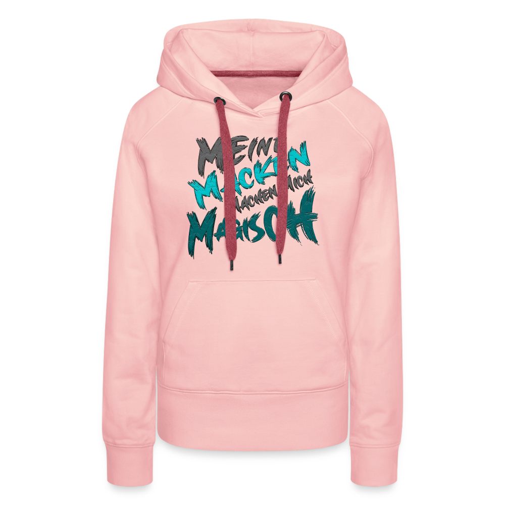Kristallrosa Streetwear Hoodie für Frauen mit Statement ‚Meine Macken machen mich magisch‘, modernes Design mit weißer und schwarzer Schrift, kontrastfarbene Kapuzenbänder, Kängurutasche, ideal für lässigen Look, lustige Sprüche.