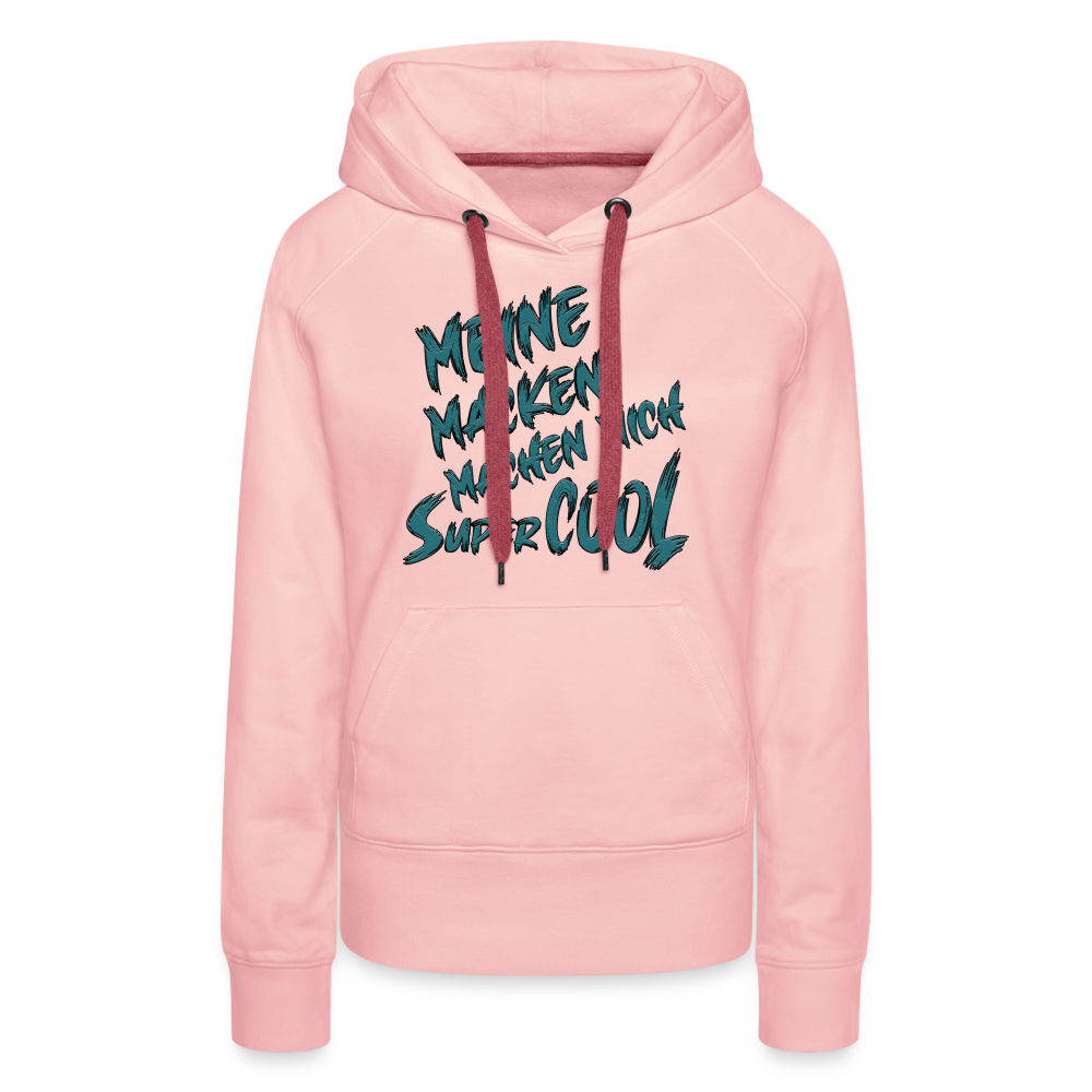 Kristallrosa Streetwear Hoodie für Frauen mit dem Spruch auf den Brust „Meine Macken machen mich super cool“. Stilvolle Typografie, lustige Sprüche, mit kontrastfarbigen Kapuzenband und praktischer Kängurutasche. Perfekt für Alltag und Freizeit.