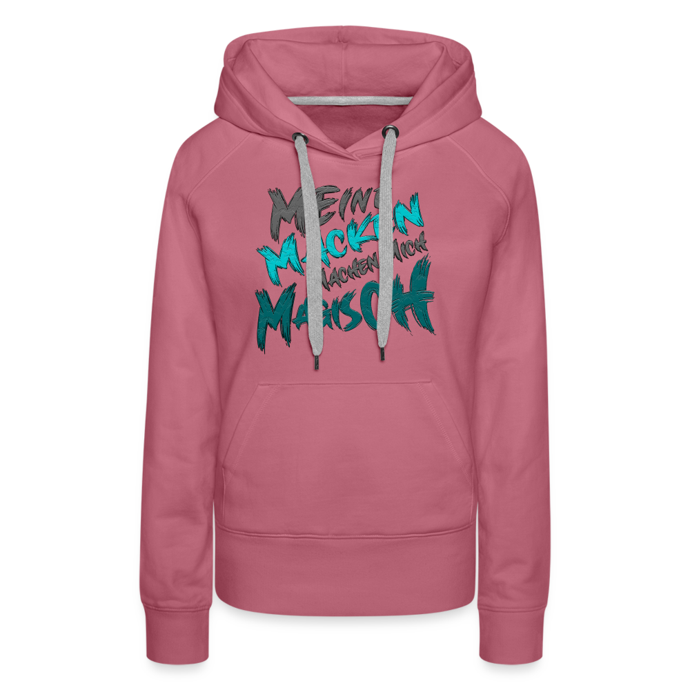 Malve Streetwear Hoodie für Frauen mit Statement ‚Meine Macken machen mich magisch‘, modernes Design mit weißer und schwarzer Schrift, kontrastfarbene Kapuzenbänder, Kängurutasche, ideal für lässigen Look, lustige Sprüche.