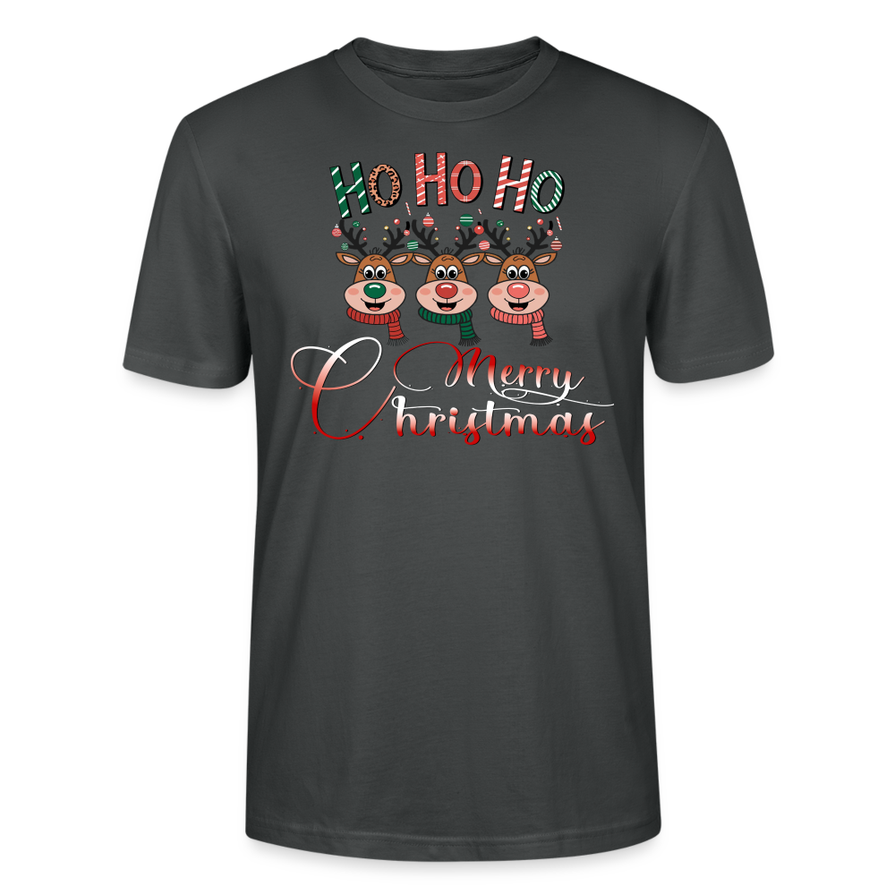 Merry Christmas T-Shirt für Männer in Anthrazit mit Ho Ho Ho Motiv und 3 fröhlichen Elchen aus 100% Bio-Baumwolle Fair Trade produziert von StreetwearX.