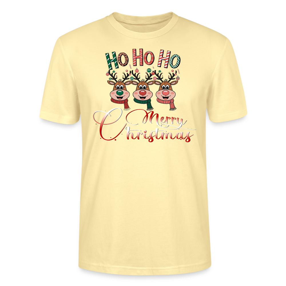Merry Christmas T-Shirt für Männer in Creme mit Ho Ho Ho Motiv und 3 fröhlichen Elchen aus 100% Bio-Baumwolle Fair Trade produziert von StreetwearX.
