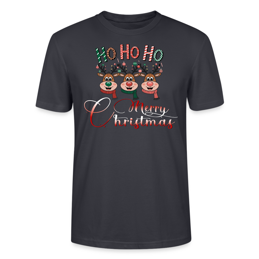 Merry Christmas T-Shirt für Männer in graublau mit Ho Ho Ho Motiv und 3 fröhlichen Elchen aus 100 Prozent Bio-Baumwolle Fair Trade produziert von StreetwearX.